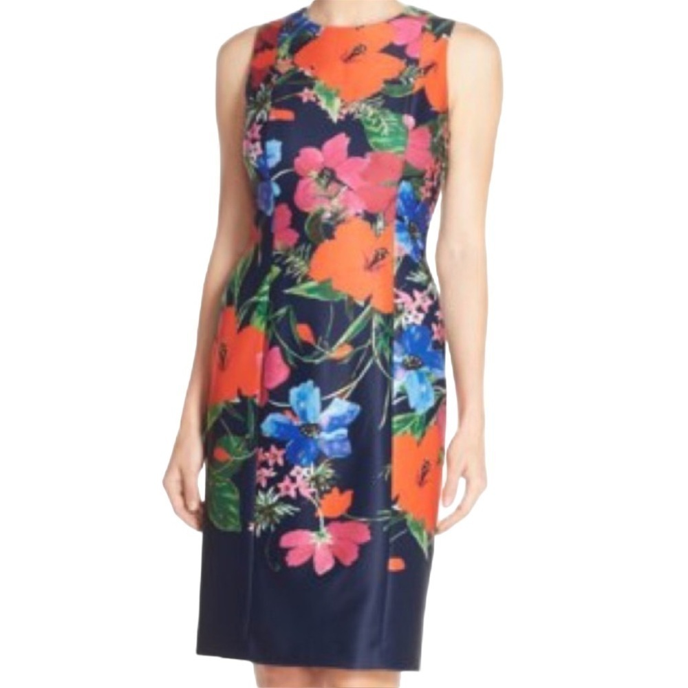 Eliza J Sheath Dress Floral Scuba Midi Knee‎ Length Size 14 Multicolor Navy Blue